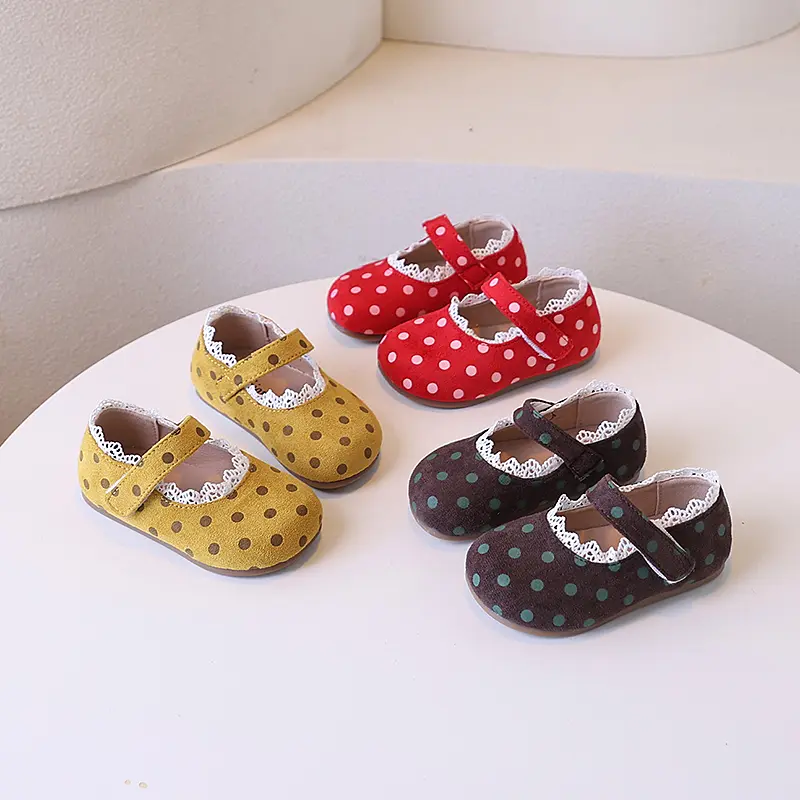 Children Princess Shoes Spring Autumn Girls Polka Dot Leather Shoes Trend Classic Kids Fashion Lace Pleated Causal Ballet Shoes