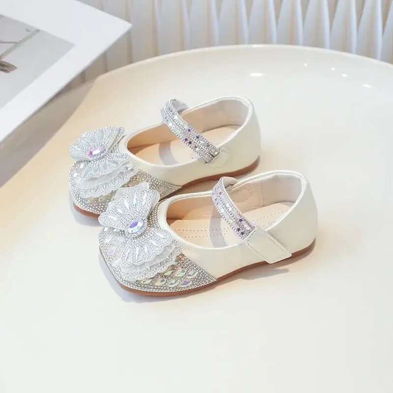 Kids Flats Leather Shoes Shiny Crystal 2025 New Fashion Girls Princess Shoes with Sweet Bow Children Dance Shoes Non-slip Cute