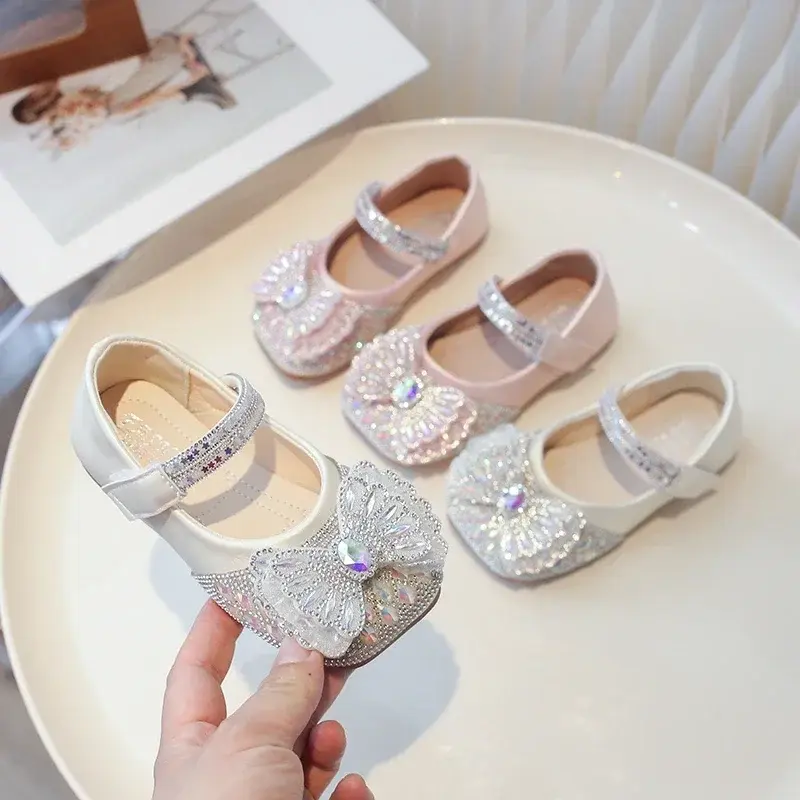 Kids Flats Leather Shoes Shiny Crystal 2025 New Fashion Girls Princess Shoes with Sweet Bow Children Dance Shoes Non-slip Cute