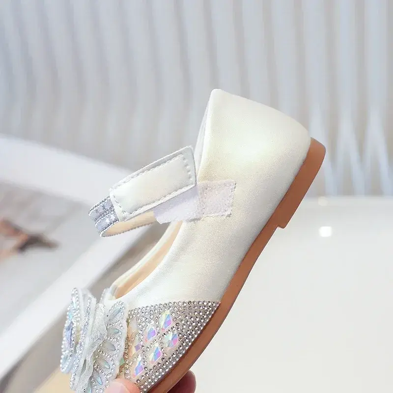 Kids Flats Leather Shoes Shiny Crystal 2025 New Fashion Girls Princess Shoes with Sweet Bow Children Dance Shoes Non-slip Cute
