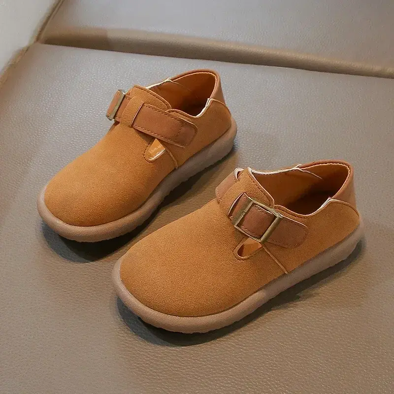 Boys Girls Leather Shoes Soild Color Retro 2025 New Fashion Kids Moccasins Non-slip Soft Sole Children Flat Shoes Hook&loop