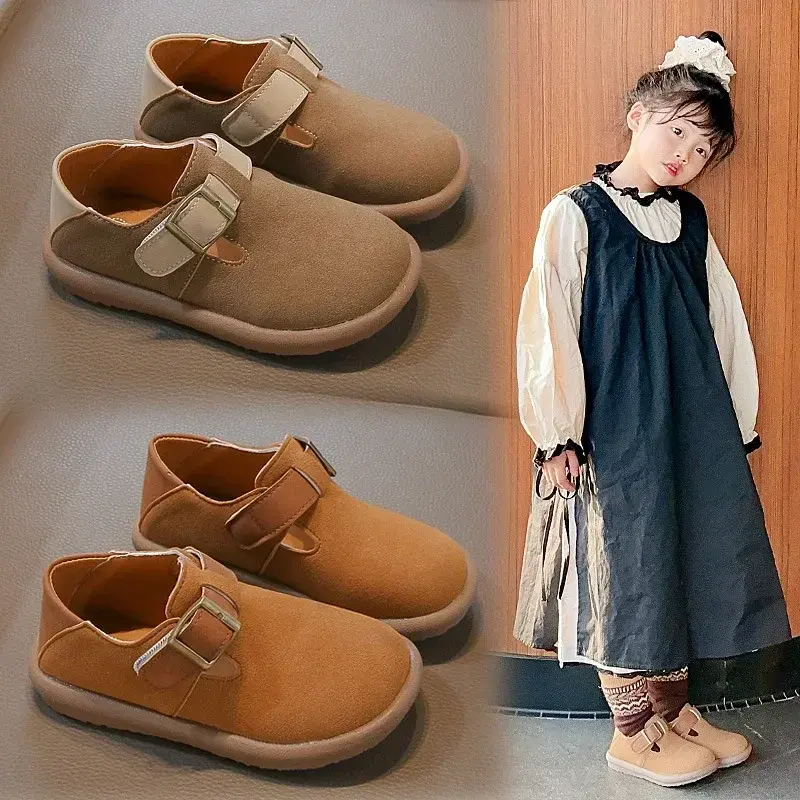 Boys Girls Leather Shoes Soild Color Retro 2025 New Fashion Kids Moccasins Non-slip Soft Sole Children Flat Shoes Hook&loop
