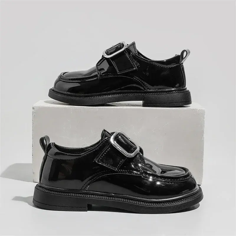 Kids Princess Shoes Black Glossy Pu 2025 New Girls Leather Shoes Soild Color Metal Decoration Children Flats School Trendy Soft