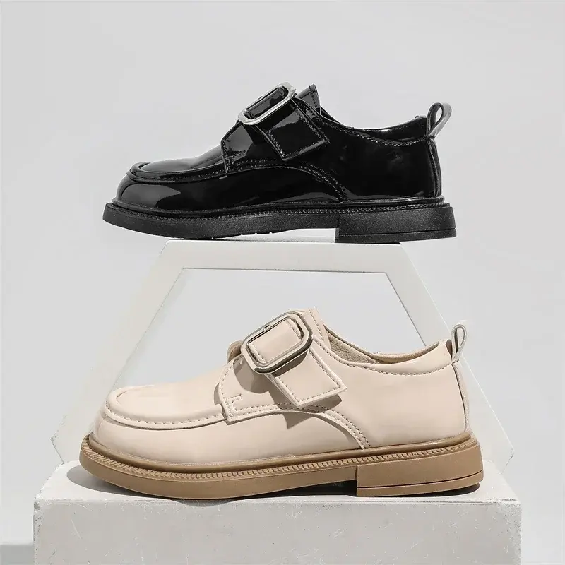 Kids Princess Shoes Black Glossy Pu 2025 New Girls Leather Shoes Soild Color Metal Decoration Children Flats School Trendy Soft