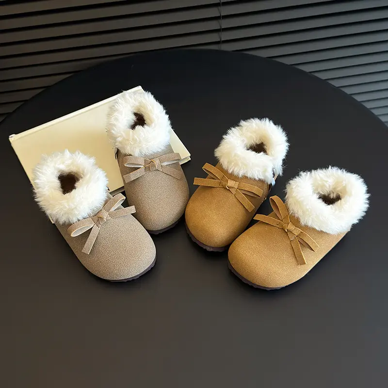 2024 New Children's Plush Shoes Sweet Bowknot Girls Winter Cotton Shoes Flat Versatile Outdoor Kids Causal Shoes Warm Fluffy Fur