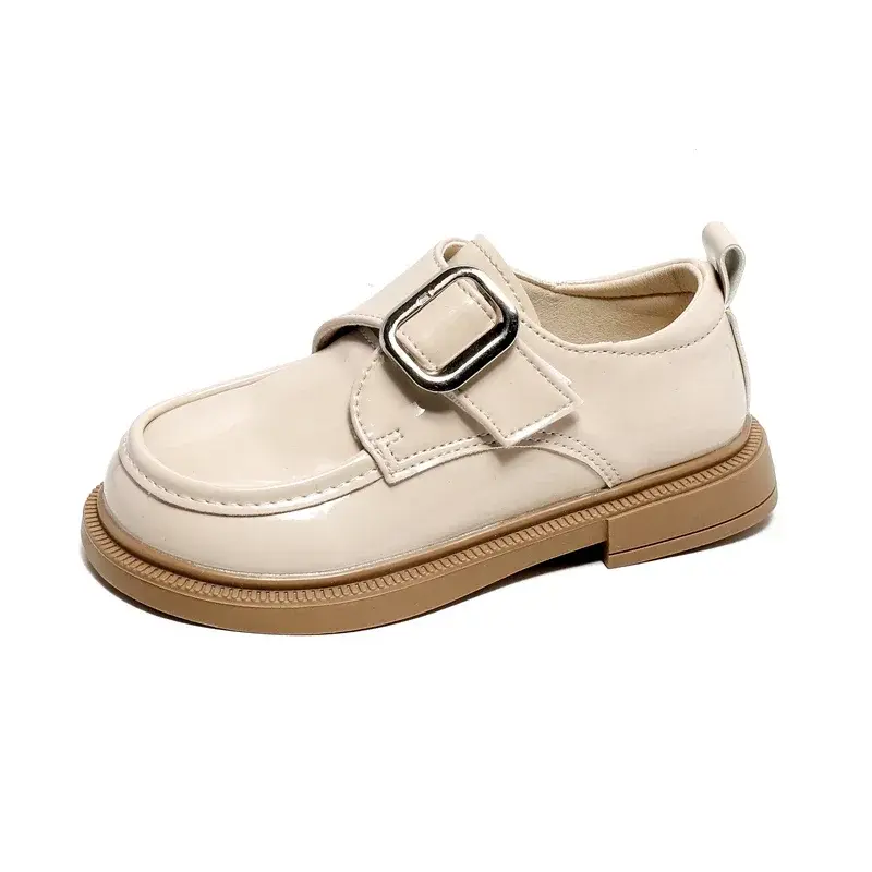 Kids Princess Shoes Black Glossy Pu 2025 New Girls Leather Shoes Soild Color Metal Decoration Children Flats School Trendy Soft