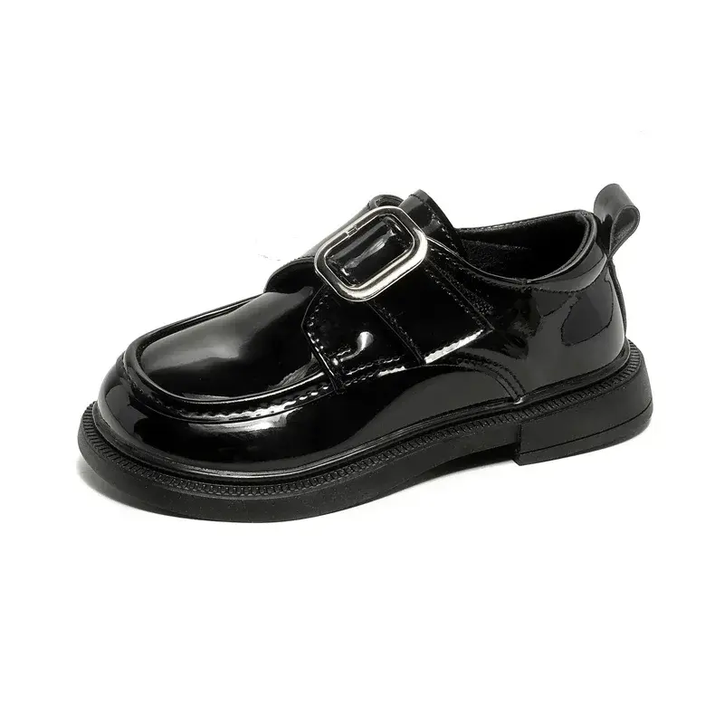 Kids Princess Shoes Black Glossy Pu 2025 New Girls Leather Shoes Soild Color Metal Decoration Children Flats School Trendy Soft