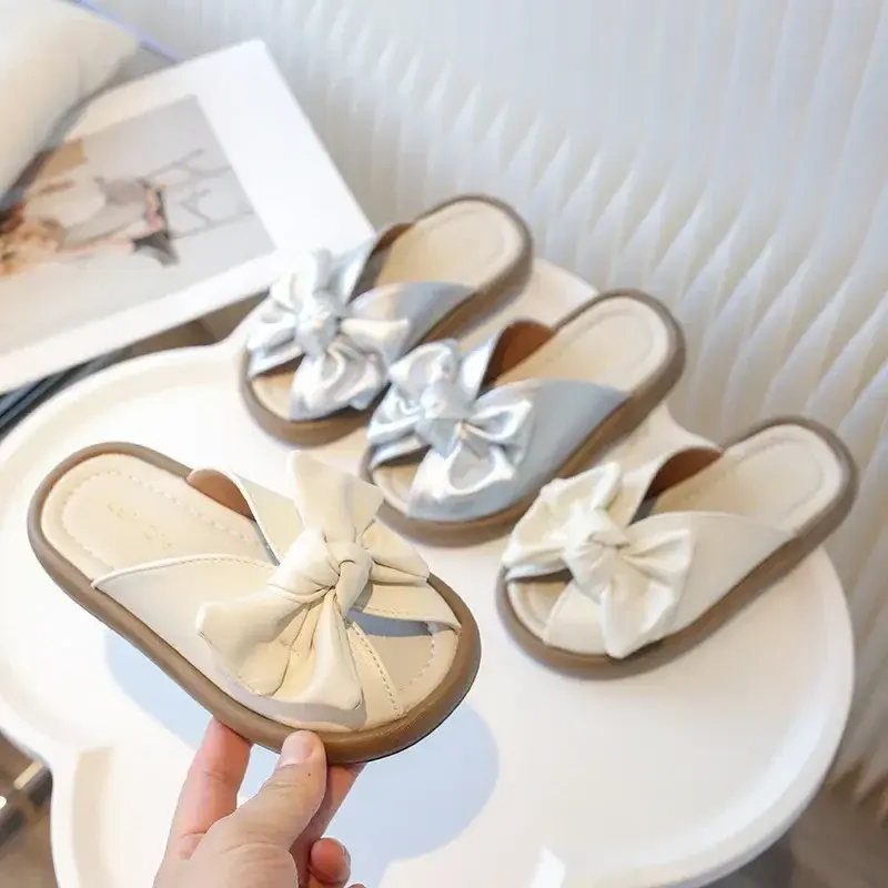 Toddler Girls Sandals Outdoors Korean Style Big Bow 2025 Summer New Kids Slippers Soft Sole Children Princess Shoes Solid Color