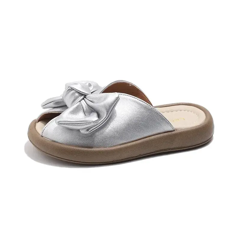 Toddler Girls Sandals Outdoors Korean Style Big Bow 2025 Summer New Kids Slippers Soft Sole Children Princess Shoes Solid Color