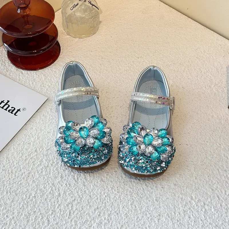 Kids Princess Shoes Shiny Crystal Girls Leather Shoes Round Toes Sequins 2025 New Children Flat Shoes Soft Sole Non-slip Ins