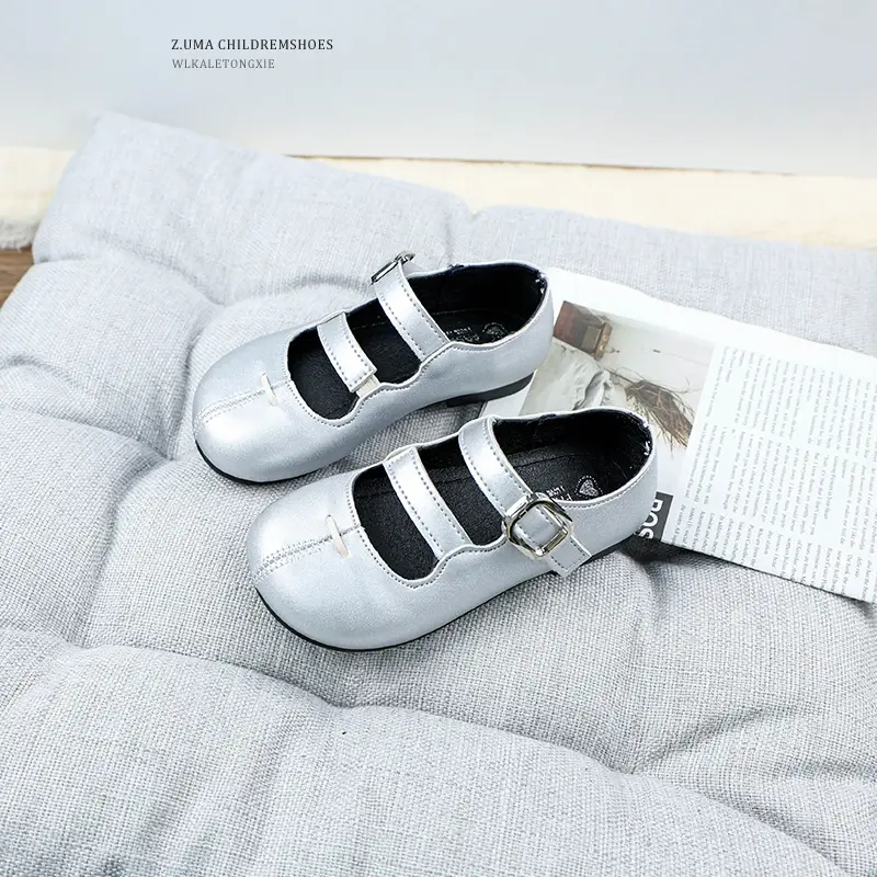 Girls Princess Leather Shoes Solid Color Children Silver Flat Shoes Fashion Hollow-out Simple Kids Causal Shoes Soft Versatile
