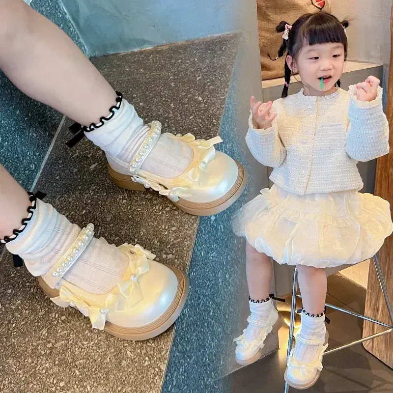 Girls Performance Dance Sweet Bows Ins Trendy 2025 New Kids Princess Shoes Non-slip Soft Sole Children Flats Leather Shoes Cute