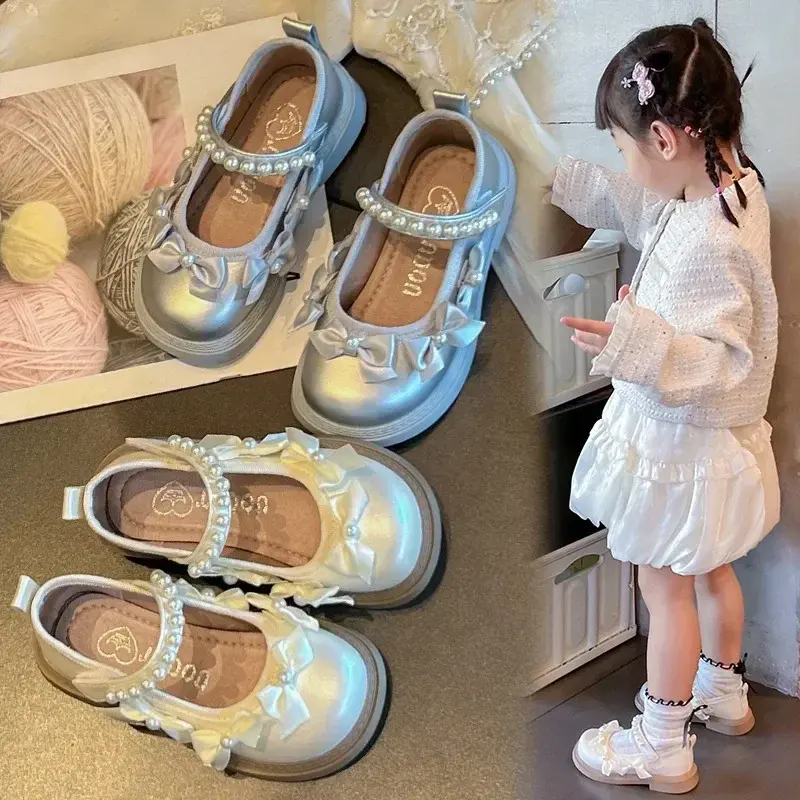 Girls Performance Dance Sweet Bows Ins Trendy 2025 New Kids Princess Shoes Non-slip Soft Sole Children Flats Leather Shoes Cute