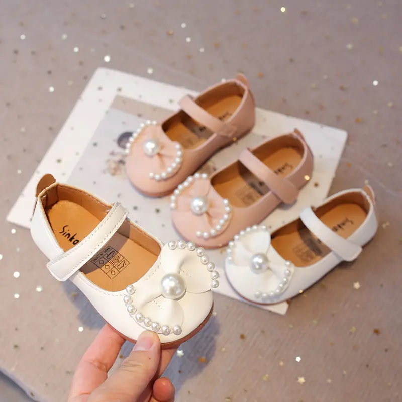 Baby Girls Leather Shoes Medium Big Children Casual Flats with Pearls Beading Bow-knot Princess Sweet Chic Soft Quality Spring