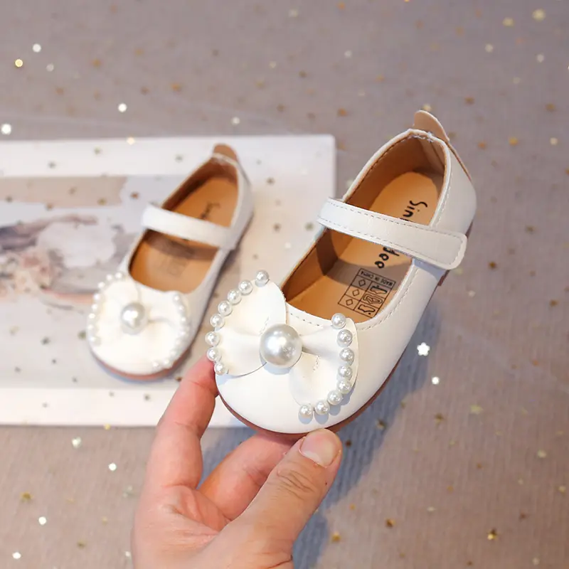 Baby Girls Leather Shoes Medium Big Children Casual Flats with Pearls Beading Bow-knot Princess Sweet Chic Soft Quality Spring