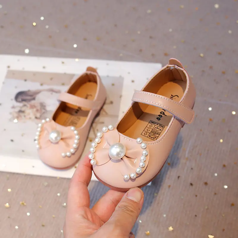 Baby Girls Leather Shoes Medium Big Children Casual Flats with Pearls Beading Bow-knot Princess Sweet Chic Soft Quality Spring