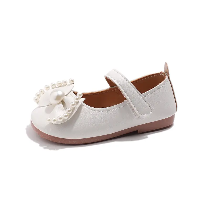 Baby Girls Leather Shoes Medium Big Children Casual Flats with Pearls Beading Bow-knot Princess Sweet Chic Soft Quality Spring
