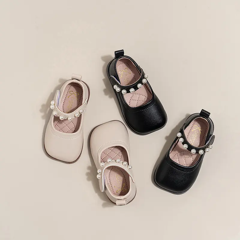 Girls Leather Shoes Soft Kids Mary Janes Shoes with Beading Chic Princess Sweet Simple Children Flats Shoes Size 15-30