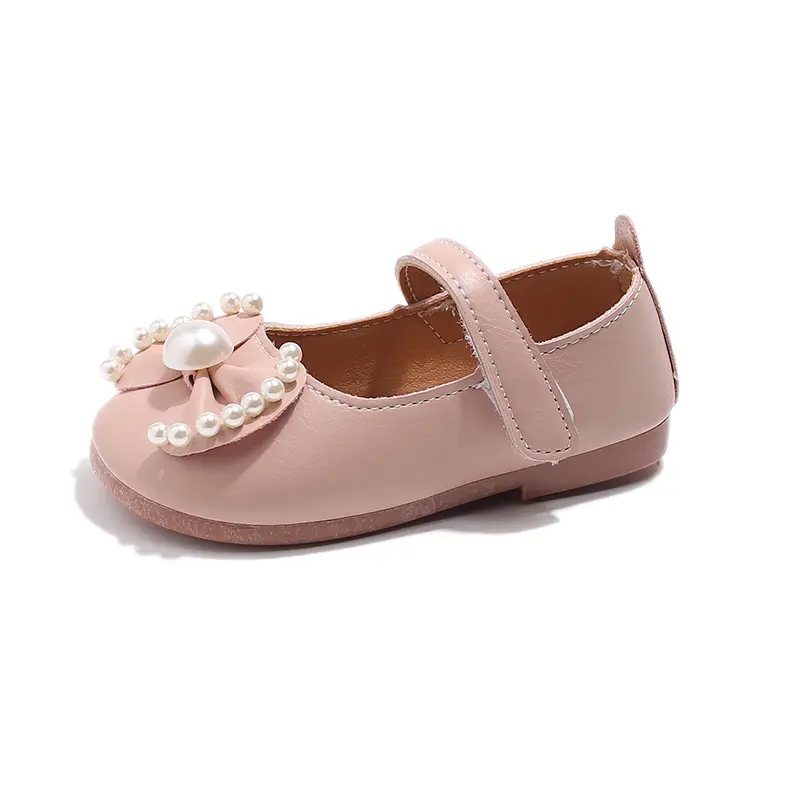 Baby Girls Leather Shoes Medium Big Children Casual Flats with Pearls Beading Bow-knot Princess Sweet Chic Soft Quality Spring