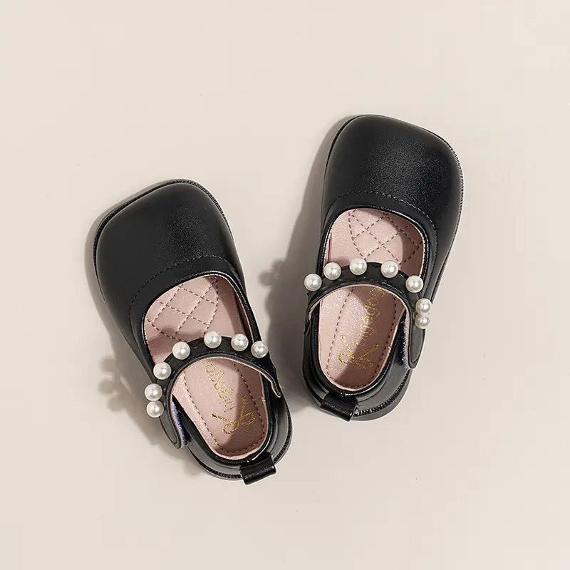 Girls Leather Shoes Soft Kids Mary Janes Shoes with Beading Chic Princess Sweet Simple Children Flats Shoes Size 15-30