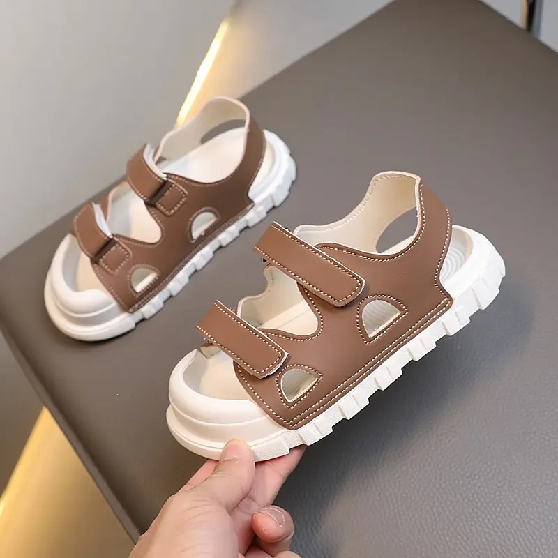 Children Summer Beach Shoes Boys Girls Leather Sandals Simple Toddlers Little Boys Casual Sandals Toes-covered Anti-kick Soft