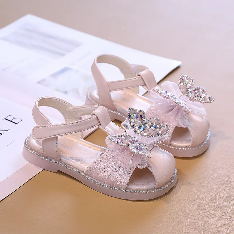 Kids Sandals for Girls 2024 Summer Princess Sequins Butterfly Flat Sandals Fashion Causal Cut-outs Children Wedding Dress Sandal