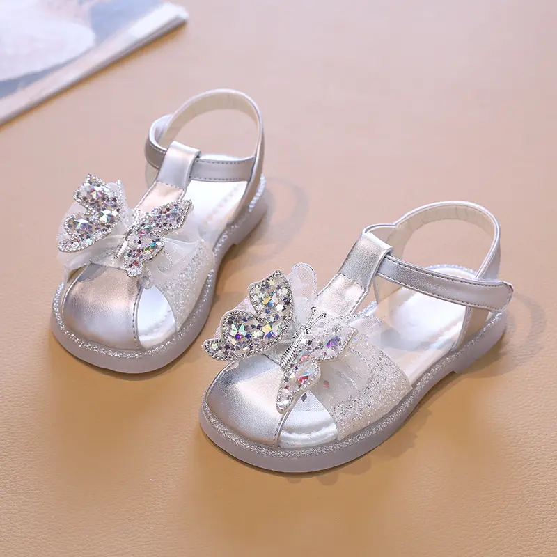 Kids Sandals for Girls 2024 Summer Princess Sequins Butterfly Flat Sandals Fashion Causal Cut-outs Children Wedding Dress Sandal