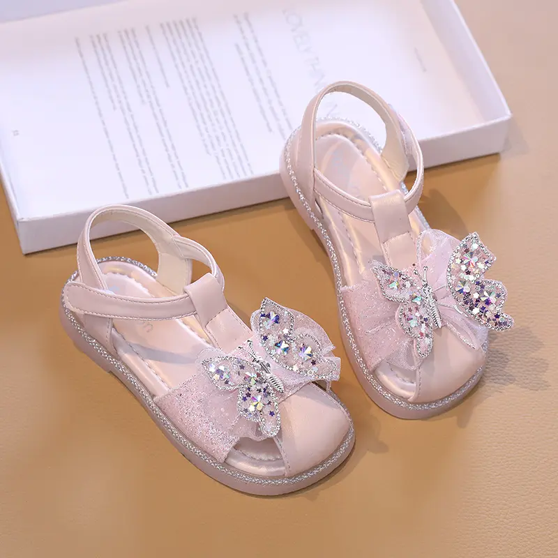Kids Sandals for Girls 2024 Summer Princess Sequins Butterfly Flat Sandals Fashion Causal Cut-outs Children Wedding Dress Sandal