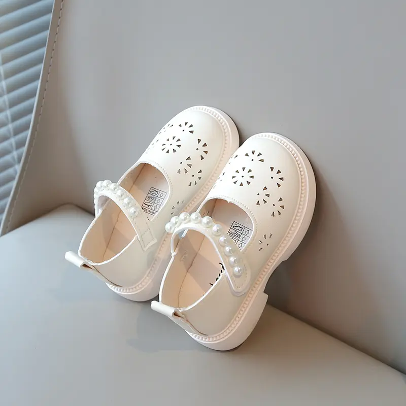 Girls Casual Flat Shoes Kids Mary Janes Cut-outs Breathable with Pearls Beading Princess Sweet Size 21-30 2025 Spring Summer New