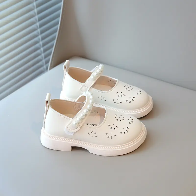 Girls Casual Flat Shoes Kids Mary Janes Cut-outs Breathable with Pearls Beading Princess Sweet Size 21-30 2025 Spring Summer New