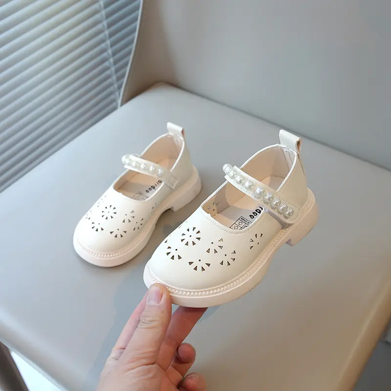 Girls Casual Flat Shoes Kids Mary Janes Cut-outs Breathable with Pearls Beading Princess Sweet Size 21-30 2025 Spring Summer New