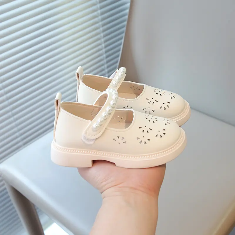 Girls Casual Flat Shoes Kids Mary Janes Cut-outs Breathable with Pearls Beading Princess Sweet Size 21-30 2025 Spring Summer New
