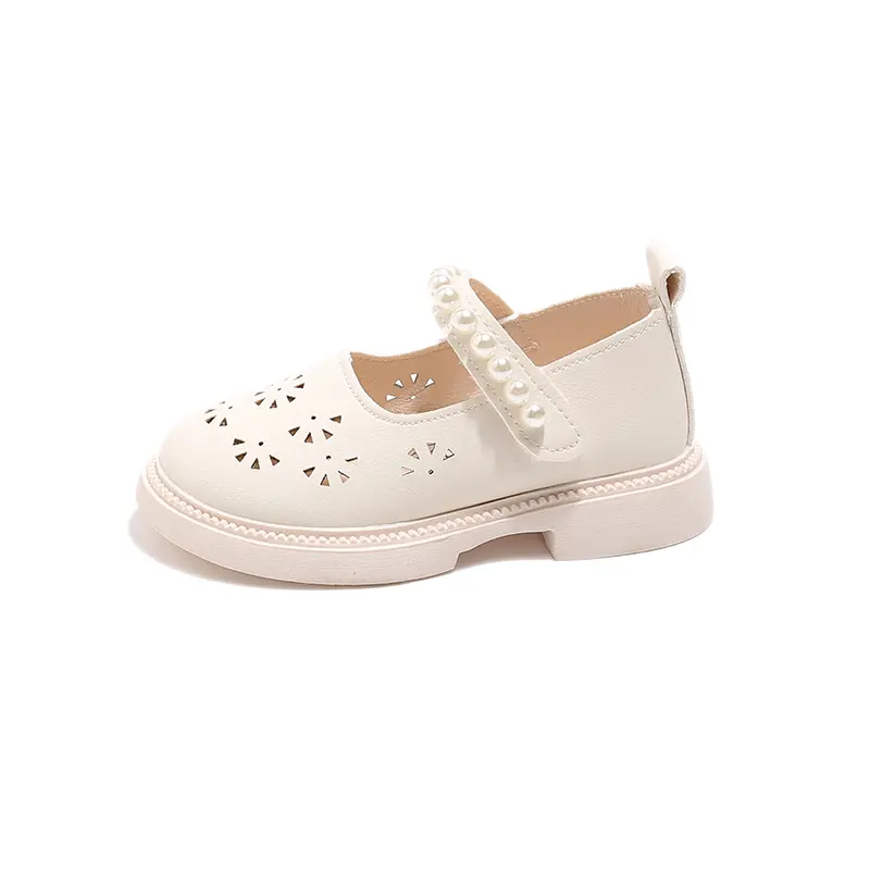 Girls Casual Flat Shoes Kids Mary Janes Cut-outs Breathable with Pearls Beading Princess Sweet Size 21-30 2025 Spring Summer New