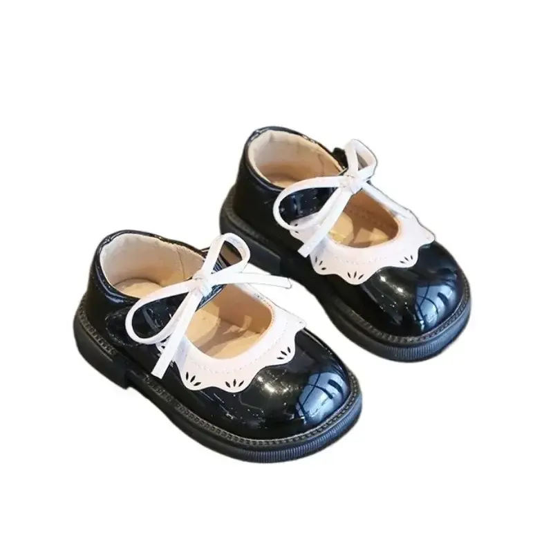 Baby Girls Leather Shoes Round Toes Non-slip 2025 New Kids Walking Shoes Pu Soft Sole Girls Princess Shoes with Simple Bowtie