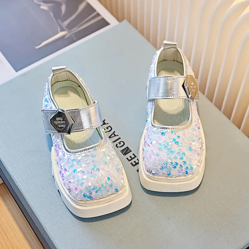 Kids Luxury Shoes Sequins Fashion Girl Leather Shoes Mary Jane Thick Bottom Bling Versatile Children Princess Shoes Hook Loop