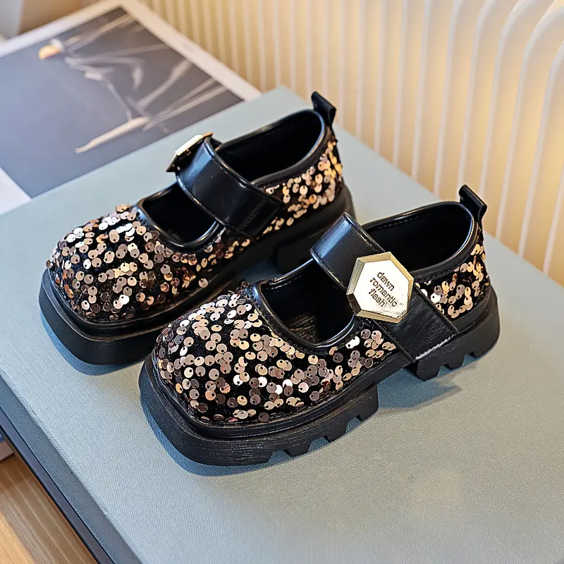 Kids Luxury Shoes Sequins Fashion Girl Leather Shoes Mary Jane Thick Bottom Bling Versatile Children Princess Shoes Hook Loop