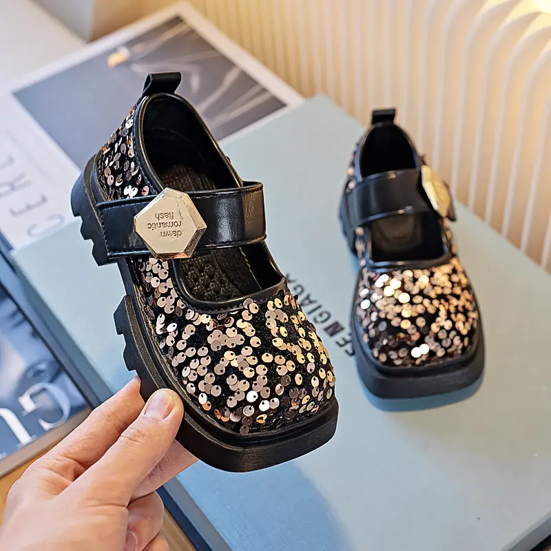 Kids Luxury Shoes Sequins Fashion Girl Leather Shoes Mary Jane Thick Bottom Bling Versatile Children Princess Shoes Hook Loop