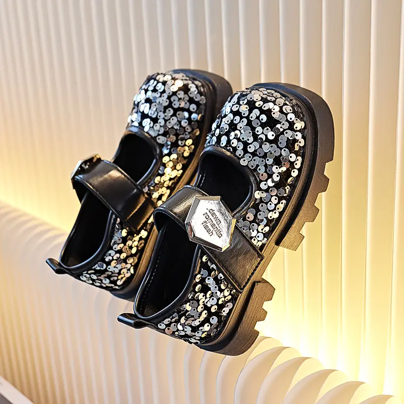 Kids Luxury Shoes Sequins Fashion Girl Leather Shoes Mary Jane Thick Bottom Bling Versatile Children Princess Shoes Hook Loop