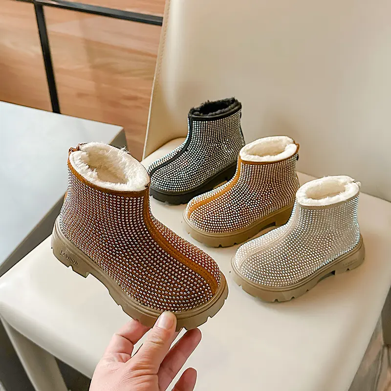 New Children's Winter Boots Luxury Rhinestone Girls Ankle Boots Warm Plush Versatile Kids Fashion Boots Round-toe Thick Bottom