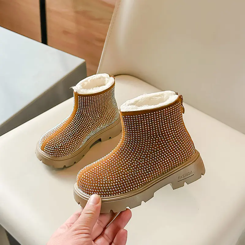 New Children's Winter Boots Luxury Rhinestone Girls Ankle Boots Warm Plush Versatile Kids Fashion Boots Round-toe Thick Bottom