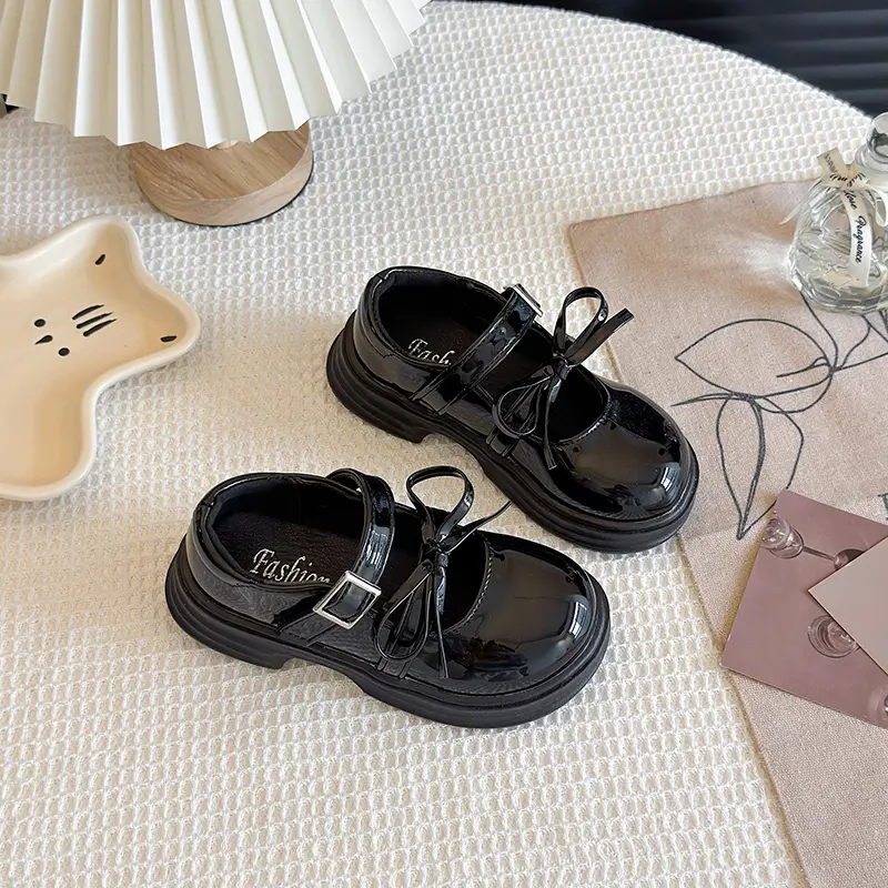 Girls Leather Shoes Glossy Bright Skin Kids School Black Party Wedding Flats with Bow-knot Princess Sweet PU Leather Fashion New