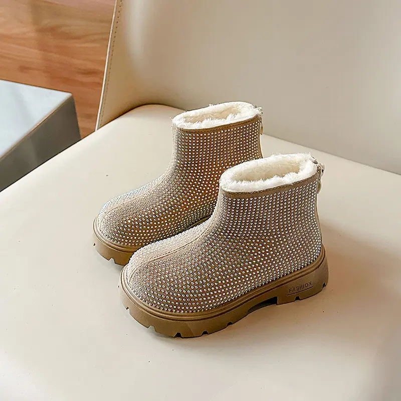New Children's Winter Boots Luxury Rhinestone Girls Ankle Boots Warm Plush Versatile Kids Fashion Boots Round-toe Thick Bottom