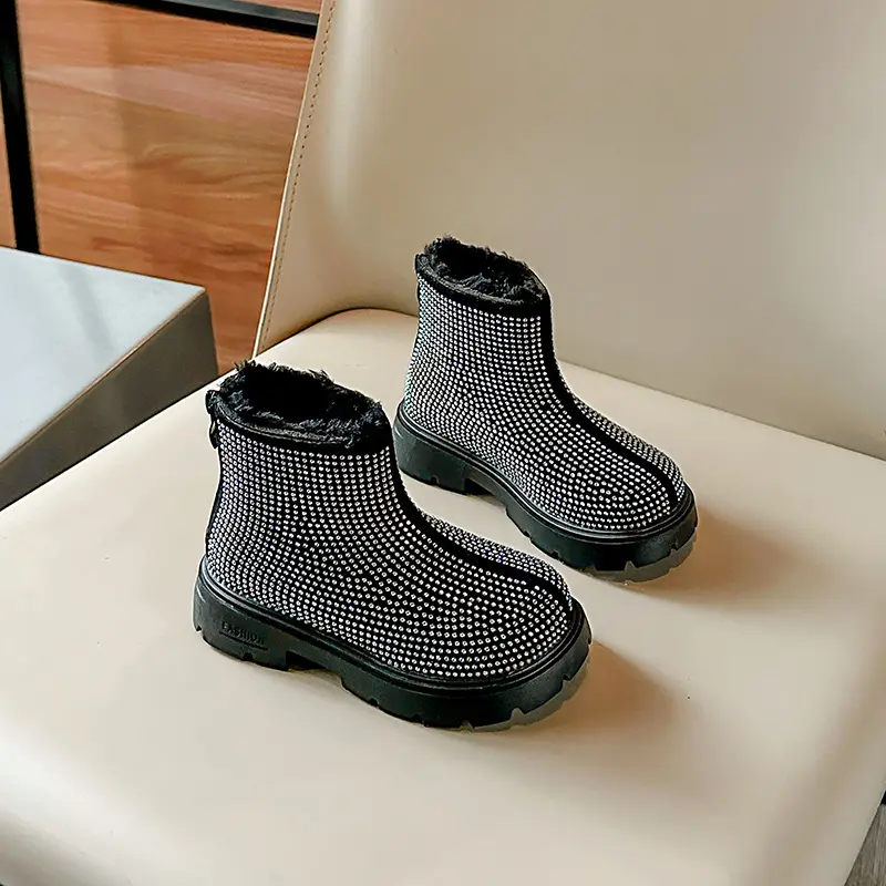 New Children's Winter Boots Luxury Rhinestone Girls Ankle Boots Warm Plush Versatile Kids Fashion Boots Round-toe Thick Bottom