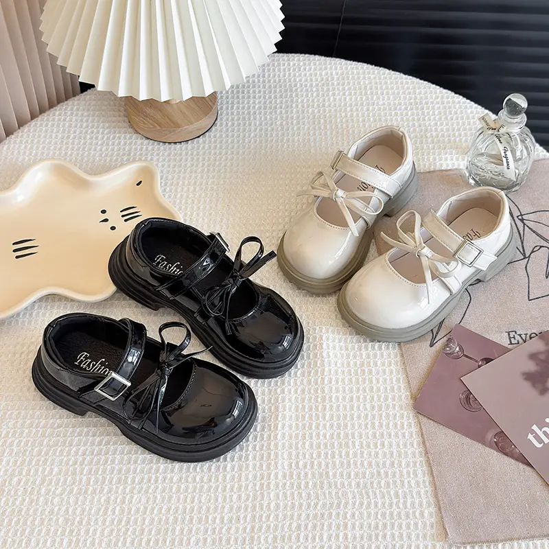 Girls Leather Shoes Glossy Bright Skin Kids School Black Party Wedding Flats with Bow-knot Princess Sweet PU Leather Fashion New