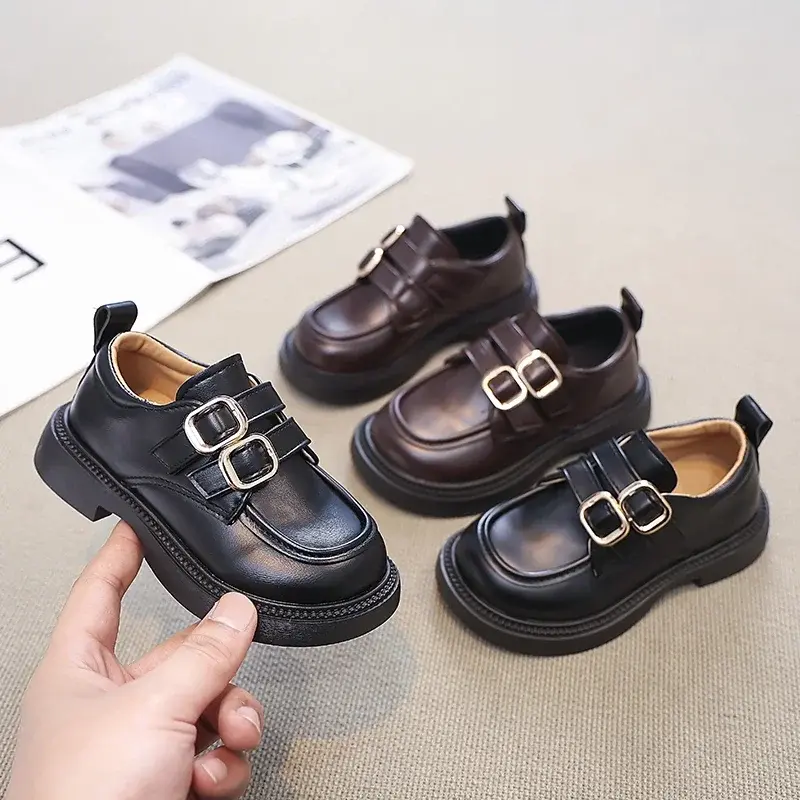 Kids Fashion Shoes Retro Hook&loop Girls Leather Shoes Non-slip Soft Sole 2025 New Boys Uniform School Shoes British Style Chic