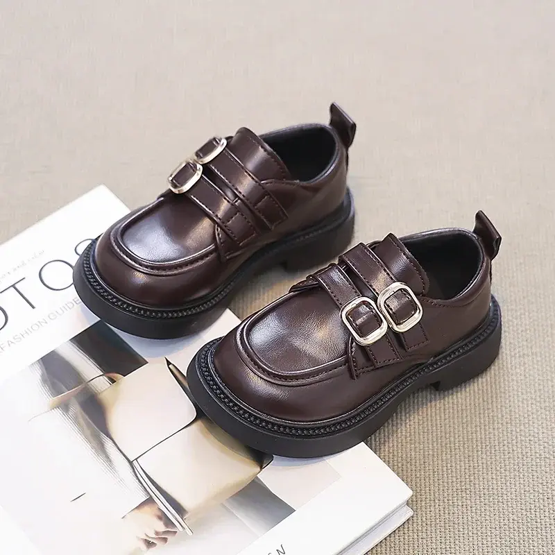 Kids Fashion Shoes Retro Hook&loop Girls Leather Shoes Non-slip Soft Sole 2025 New Boys Uniform School Shoes British Style Chic