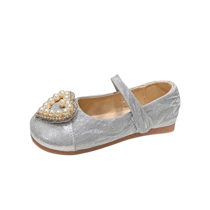 Girls Princess Shoes Round Toes Sweet 2025 New Kids Flats Love Heart Pearl Girls Dance Shoes Wedding Dress Shoes Ins Trendy