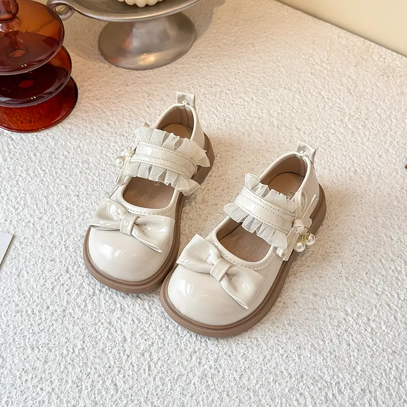 New Lolita Girls Mary Jane Shoes Sweet Princess Fashion Children Dress Leather Shoes Lace Pleated Kids Causal Bowknot Flat Shoes