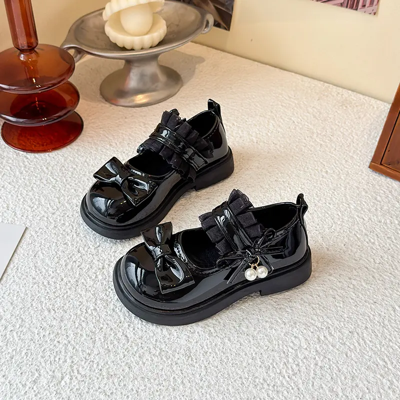 New Lolita Girls Mary Jane Shoes Sweet Princess Fashion Children Dress Leather Shoes Lace Pleated Kids Causal Bowknot Flat Shoes
