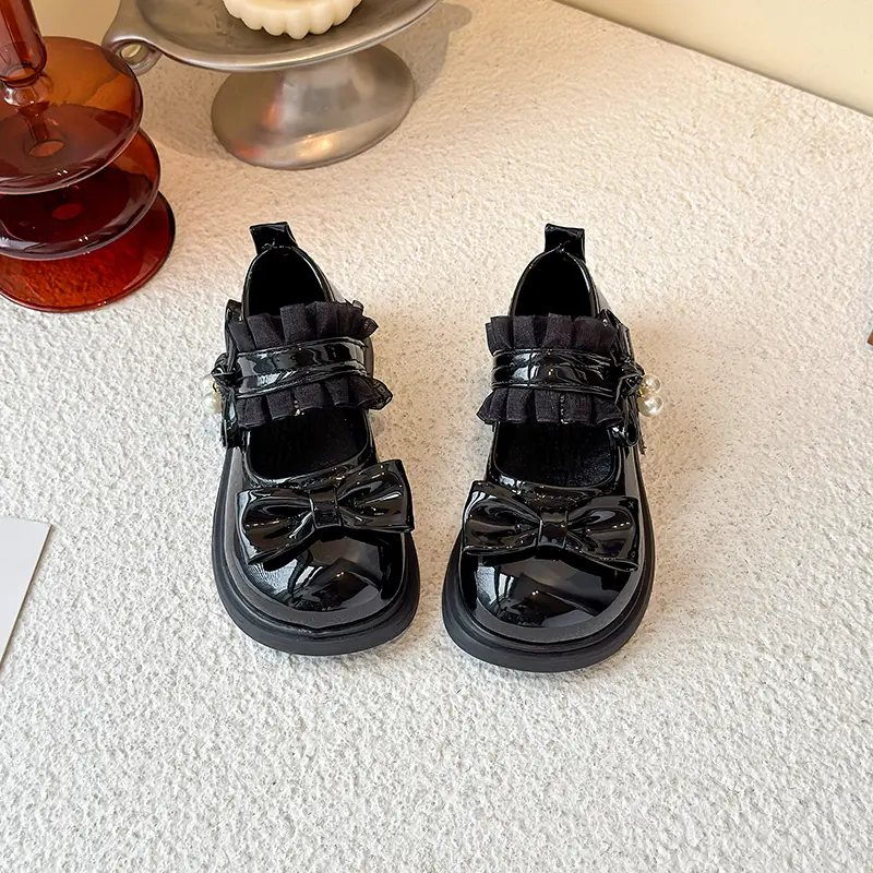 New Lolita Girls Mary Jane Shoes Sweet Princess Fashion Children Dress Leather Shoes Lace Pleated Kids Causal Bowknot Flat Shoes